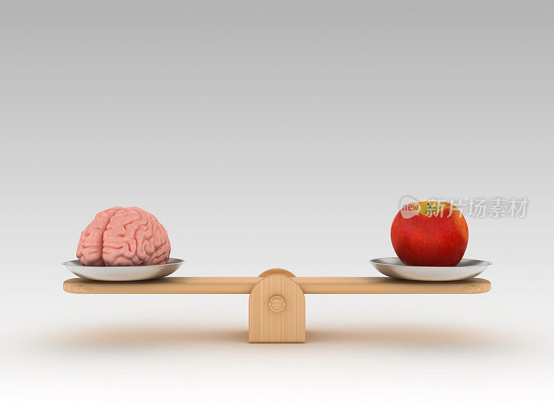 跷跷板规模与人脑和苹果- 3D渲染